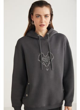 GRIMELANGE Shara Women's Hooded Stone Embroidered Anthracite Sweatshirt  - Image 3
