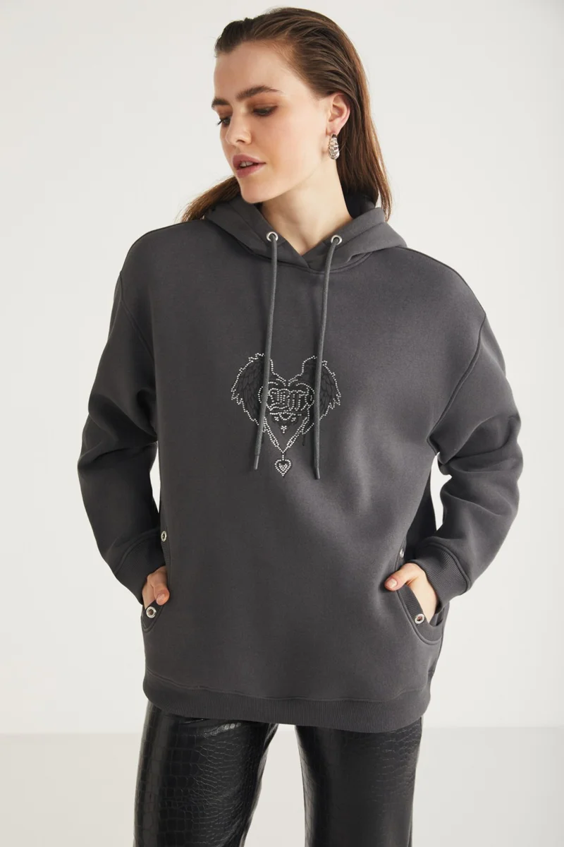 GRIMELANGE Shara Women's Hooded Stone Embroidered Anthracite Sweatshirt