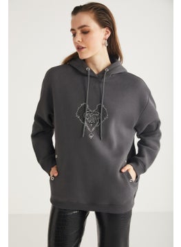 GRIMELANGE Shara Women's Hooded Stone Embroidered Anthracite Sweatshirt  - Image 4