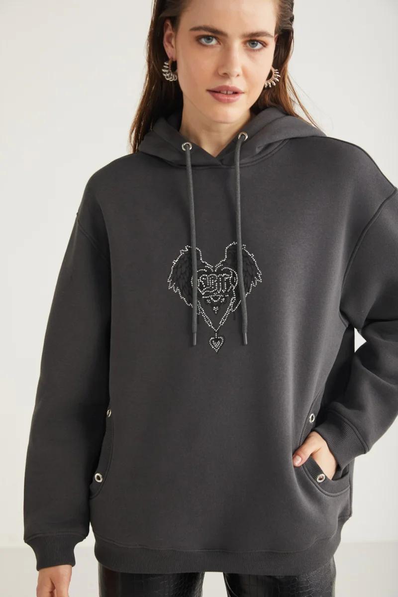 GRIMELANGE Shara Women's Hooded Stone Embroidered Anthracite Sweatshirt