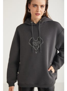 GRIMELANGE Shara Women's Hooded Stone Embroidered Anthracite Sweatshirt  - Image 5