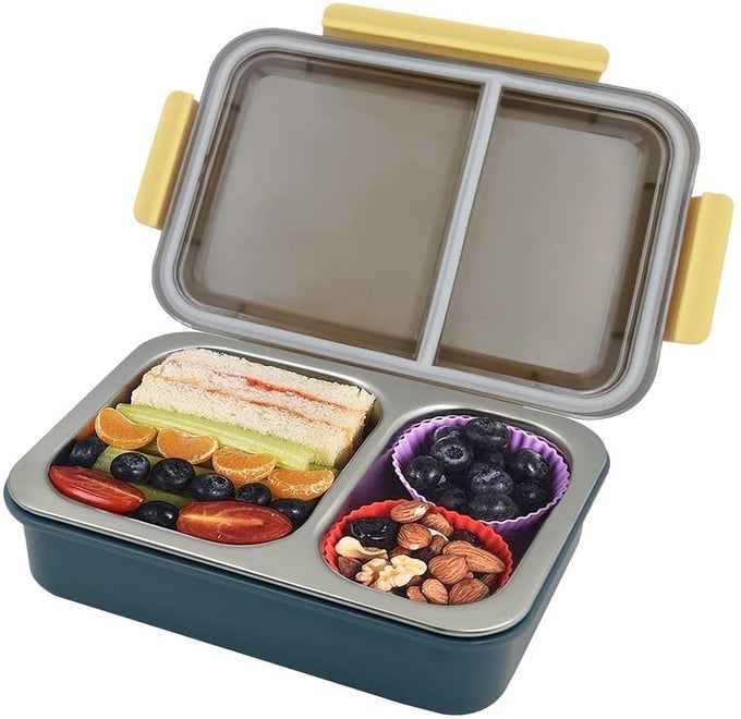 STAINLESS STEEL LEAK PROOF 2 COMPARTMENT BPA FREE INSULATED LUNCHTIFFIN BOX WITH REMOVABLE INNER PLATE FOR WOMEN AND MEN OFFICE KIDS TO SCHOOL TIFFIN BOXES BLUE 750 MILLILITER