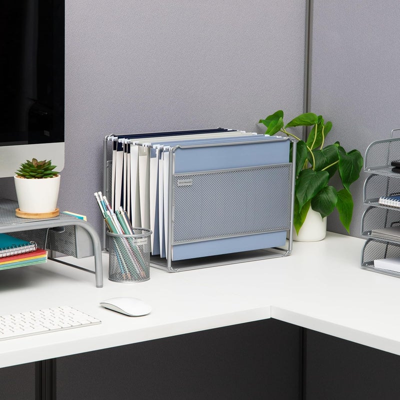 Mind Reader Hanging File Folder Organizer, Desktop Organizer, Storage, Office, Metal Mesh, 13"L x 9.75"W x 10.25"H, Silver - Image 2