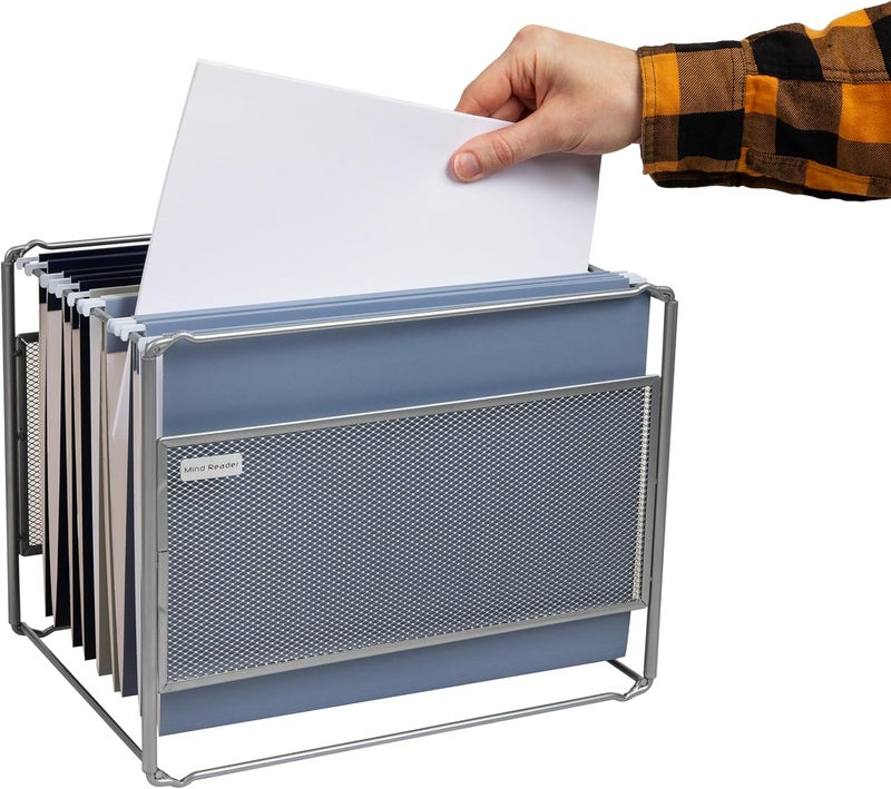 Mind Reader Hanging File Folder Organizer, Desktop Organizer, Storage, Office, Metal Mesh, 13"L x 9.75"W x 10.25"H, Silver - Image 4
