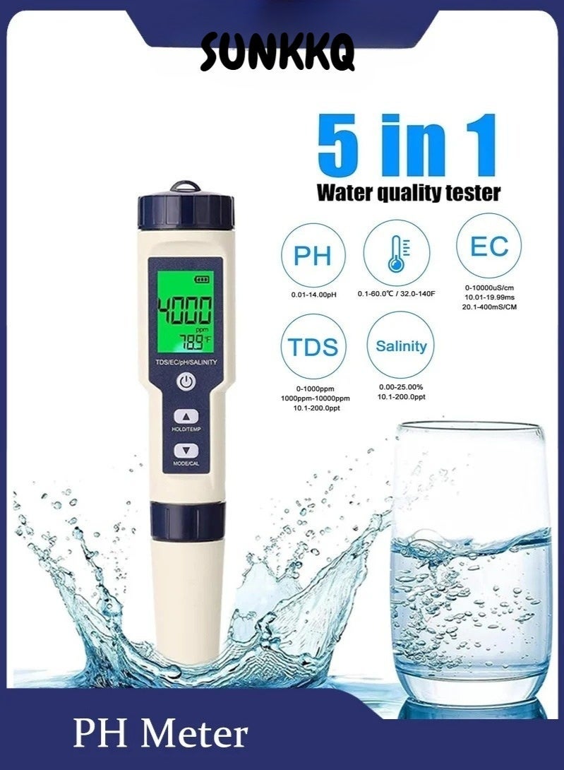 SUNKKQ 5-in-1 PH Meter For Water Testing, High Accuracy PH/TDS/EC/Salinity/Temperature Meter For Drinking Water, Pools, Fish Tanks, Hydroponics, Multi-Parameter Combo Testing Kits - Image 1