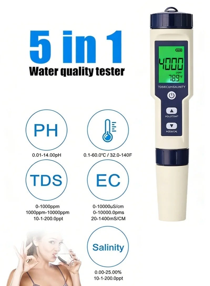 SUNKKQ 5-in-1 PH Meter For Water Testing, High Accuracy PH/TDS/EC/Salinity/Temperature Meter For Drinking Water, Pools, Fish Tanks, Hydroponics, Multi-Parameter Combo Testing Kits - Image 3