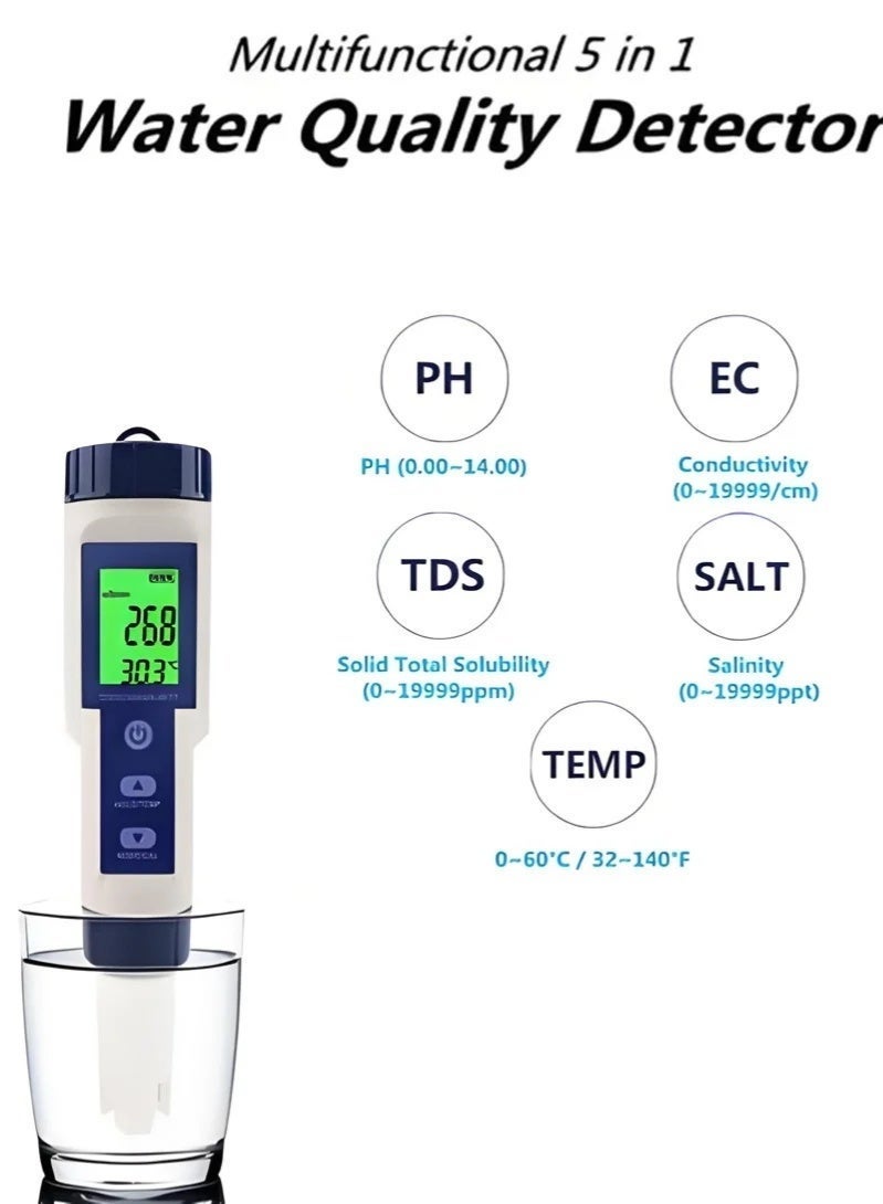 SUNKKQ 5-in-1 PH Meter For Water Testing, High Accuracy PH/TDS/EC/Salinity/Temperature Meter For Drinking Water, Pools, Fish Tanks, Hydroponics, Multi-Parameter Combo Testing Kits - Image 4