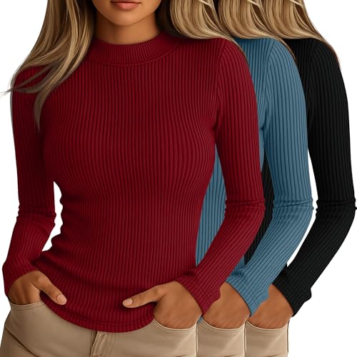 Riyiper 3 Pack Womens Ribbed Shirts Mock Turtleneck Long Sleeve Tops Slim Fitted Undershirts Casual Basic Layering TeesBlack Lake Blue Wine RedSmall - Image 1