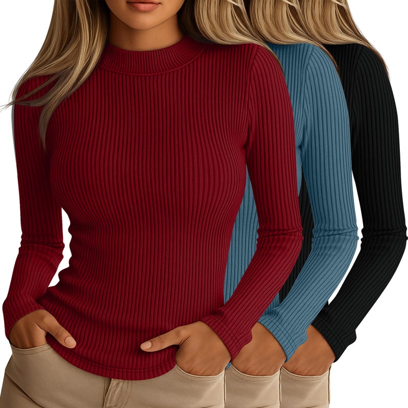 Riyiper 3 Pack Womens Ribbed Shirts Mock Turtleneck Long Sleeve Tops Slim Fitted Undershirts Casual Basic Layering TeesBlack Lake Blue Wine RedSmall - Image 2