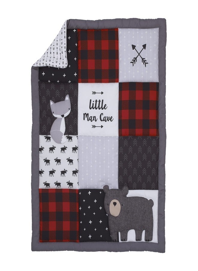 NoJo Little Love by NoJo Little Man Cave Grey, Red, Black and Ivory, Bear, Fox, Moose, Buffalo Check and Arrows Rustic 3 Piece Nursery Mini Crib Set - Comforter and Two Fitted Mini Crib Sheets - Image 2