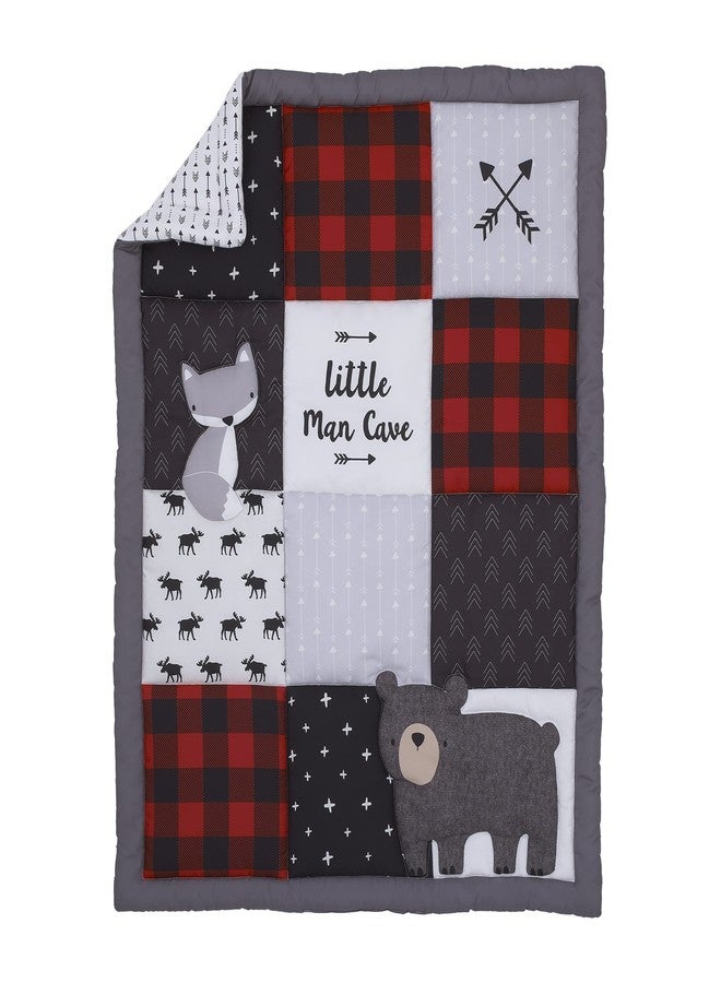 NoJo Little Love by NoJo Little Man Cave Grey, Red, Black and Ivory, Bear, Fox, Moose, Buffalo Check and Arrows Rustic 3 Piece Nursery Mini Crib Set - Comforter and Two Fitted Mini Crib Sheets - Image 1