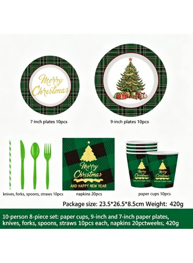 Christmas Disposable Party Tableware Set for 10 Guests - Santa Theme Plates, Cups, Napkins & Utensils - Image 1