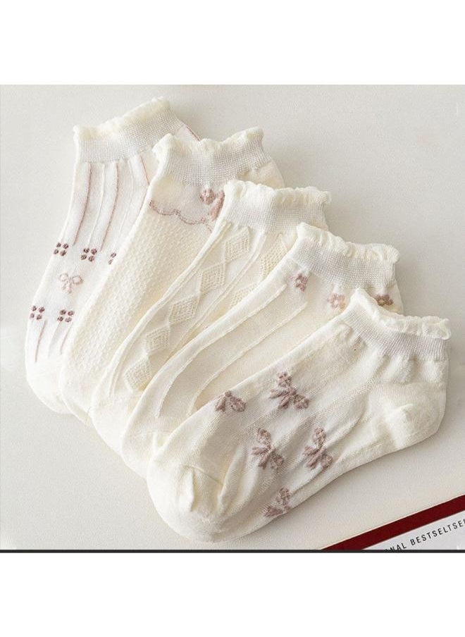 Generic - 🧦 Women’s Cute Ankle Socks – 5 Pairs Set | Soft Cotton with Feminine Designs - Image 1
