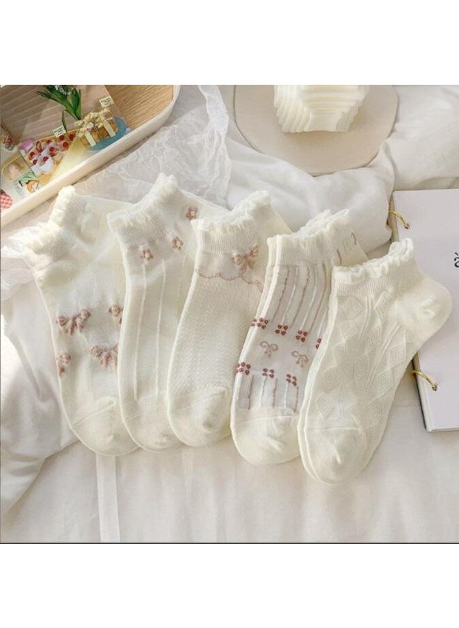 Generic - 🧦 Women’s Cute Ankle Socks – 5 Pairs Set | Soft Cotton with Feminine Designs - Image 1