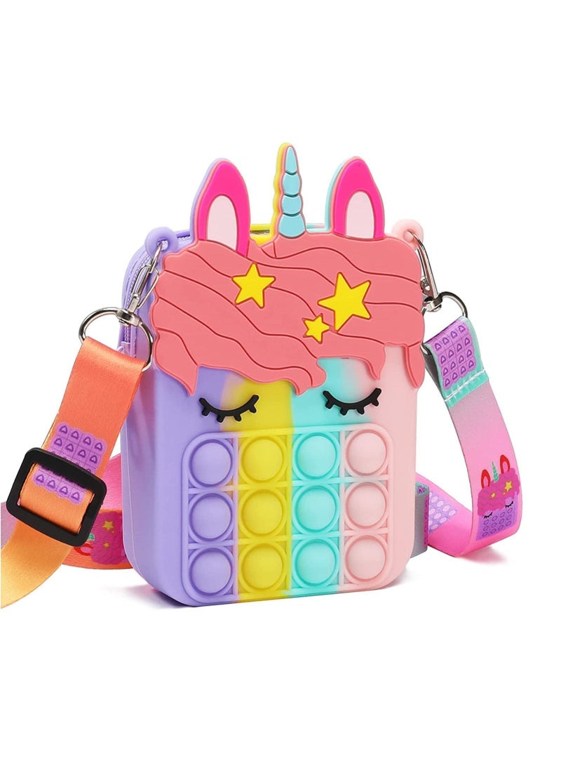 LEDIN Rainbow Pop Shoulder Bag for Girls and Women, Big Pop Purse Bags, Lovely Sensory Silicone Cartoon Bag Toy for Students Kids，Unicorn Purse Crossbody Bag Pop Fidget Toy Purse Bags - Image 1