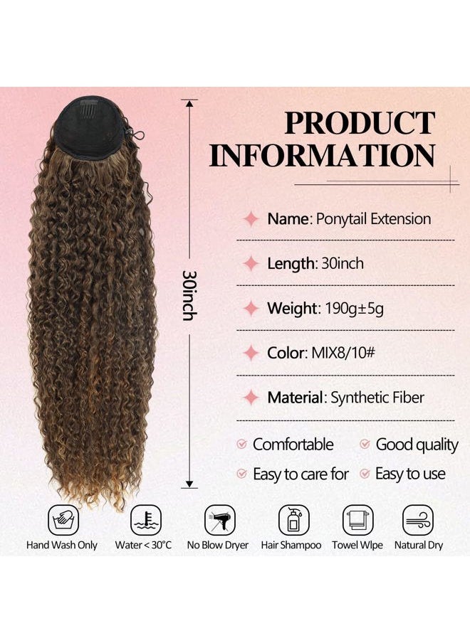 Meepo 30 Inch Curly Ponytail Extensions Synthetic Deep Wave Drawstring Ponytail For Black Women Human Hair Feeling With Clip In Thick Ponytail Hair Natural Brown Hairpiece(2,160g) (30" cw, 2)  - Image 2