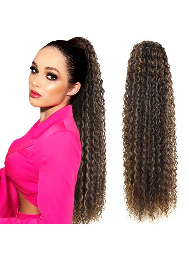 Meepo 30 Inch Curly Ponytail Extensions Synthetic Deep Wave Drawstring Ponytail For Black Women Human Hair Feeling With Clip In Thick Ponytail Hair Natural Brown Hairpiece(2,160g) (30" cw, 2)  - Image 1