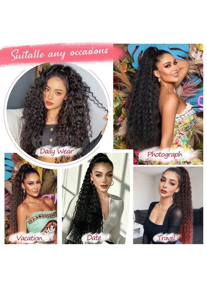 Meepo 30 Inch Curly Ponytail Extensions Synthetic Deep Wave Drawstring Ponytail For Black Women Human Hair Feeling With Clip In Thick Ponytail Hair Natural Brown Hairpiece(2,160g) (30" cw, 2)  - Image 5