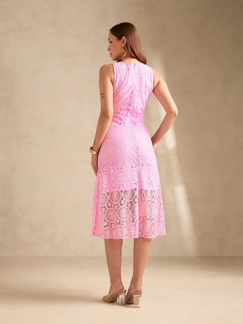 Outzidr  Lilac Halter Neck Midi Length Lace Dress for Women | Best Price UAE