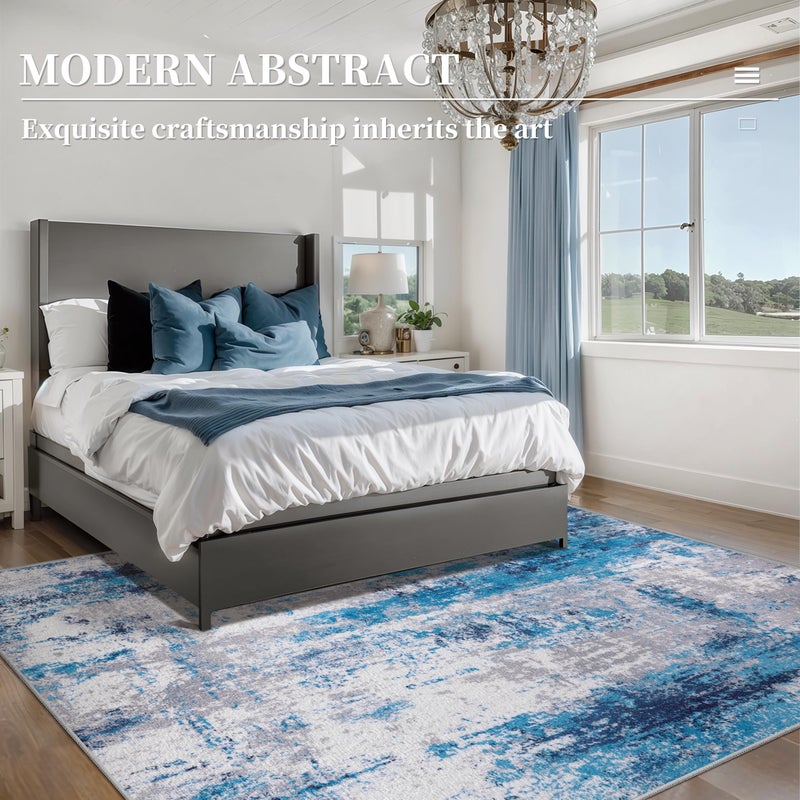 Ciicool Modern Abstract Rug for Living Room, 5'x7' Machine Washable Area Rug Non-Slip Rug, Low-Pile Contemporary Indoor Dining Floor Carpet for Bedroom Office Under Table Home Decor Grey Blue - Image 2