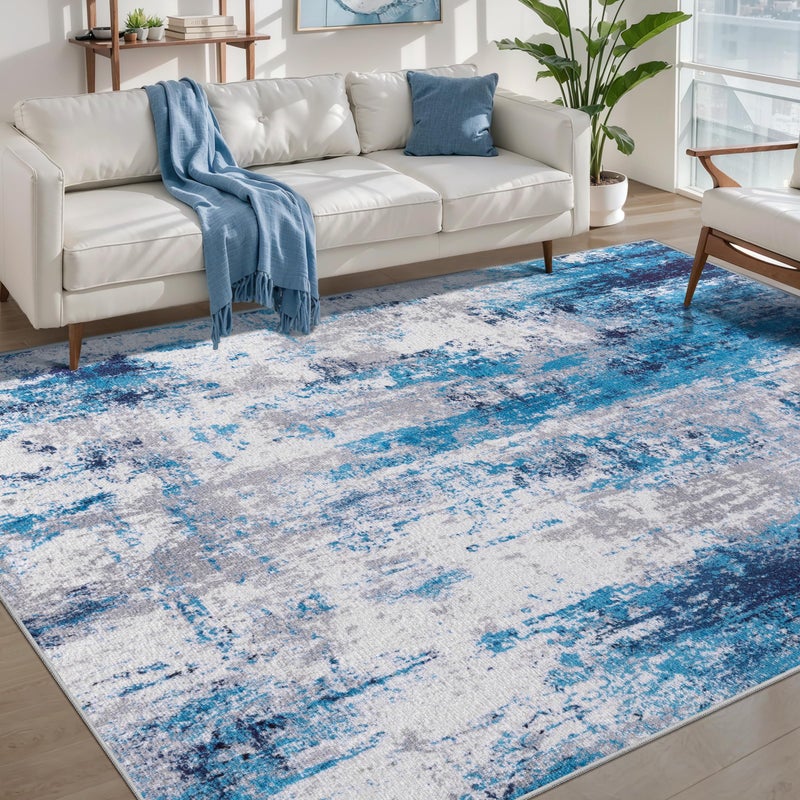 Ciicool Modern Abstract Rug for Living Room, 5'x7' Machine Washable Area Rug Non-Slip Rug, Low-Pile Contemporary Indoor Dining Floor Carpet for Bedroom Office Under Table Home Decor Grey Blue - Image 1