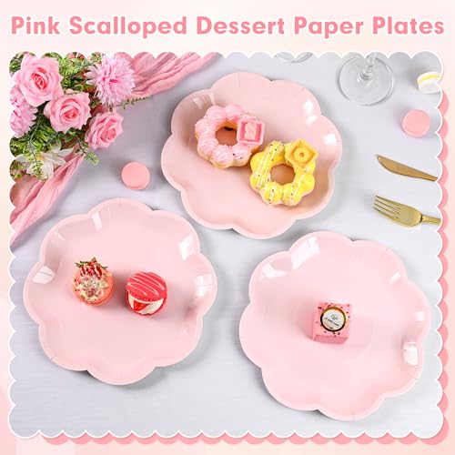 ZUQMZUQ 30 Pcs Pink Paper Plates 9 Inch, Pink Scalloped Dinner Paper Plates, Disposable Pink Dessert Cake Party Plates for Baby Shower, Wedding, Bridal Shower, Girls Birthday - Image 5