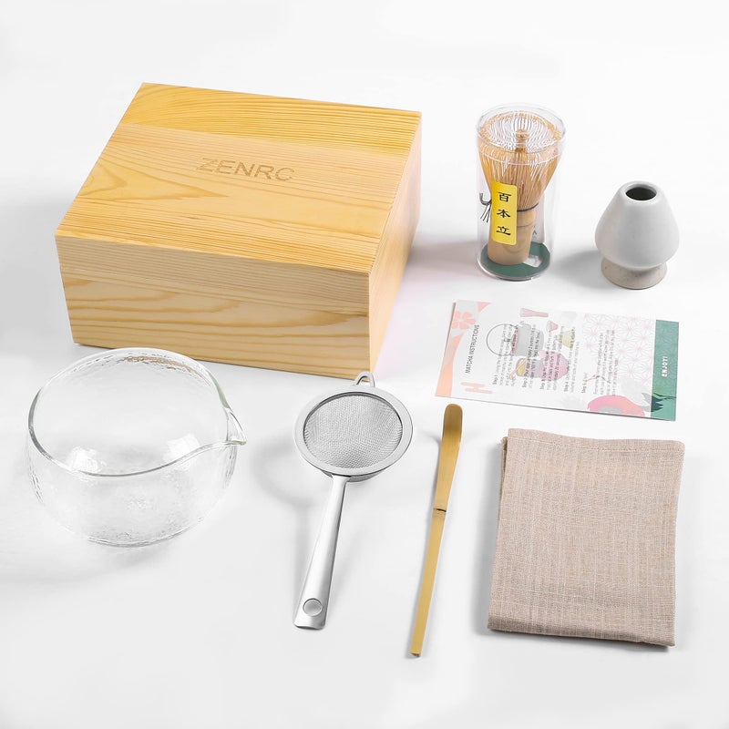 Bamboo Matcha whisk Kit Matcha Tea Set Bamboo Matcha Whisk and bowl Chawan Scoop Chashaku Chasen Holder Tea Strainer Sifter Tea Towel in Wooden Case  Ideal Travel Matcha Ceremony Kit