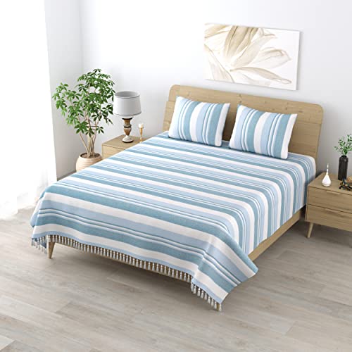 Värde 210 Tc Kerala Coarse Bedsheet Cotton | Double Bedsheet with 2 Pillow Covers | Handloom Bedsheets | Double Bedsheet for Summer | 100x108 inches Bedsheet & 68cmx43cm Pillow | (Blue Angel) - Image 1