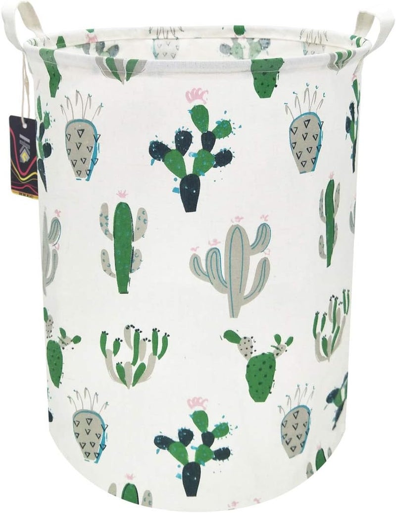 HKEC Green Cactus Laundry Basket,Baby Clothes Hamper for Nursery,Kids Toys Storage Bin,Waterproof Canvas Organizer Basket for Bedroom Decor,Gift Baskets(Green and Gray Cactus) - Image 1