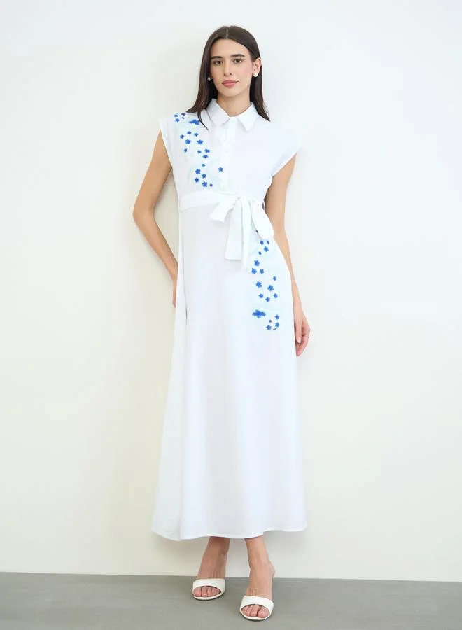 Styli White Embroidered Panel Cotton Shirt Maxi Dress