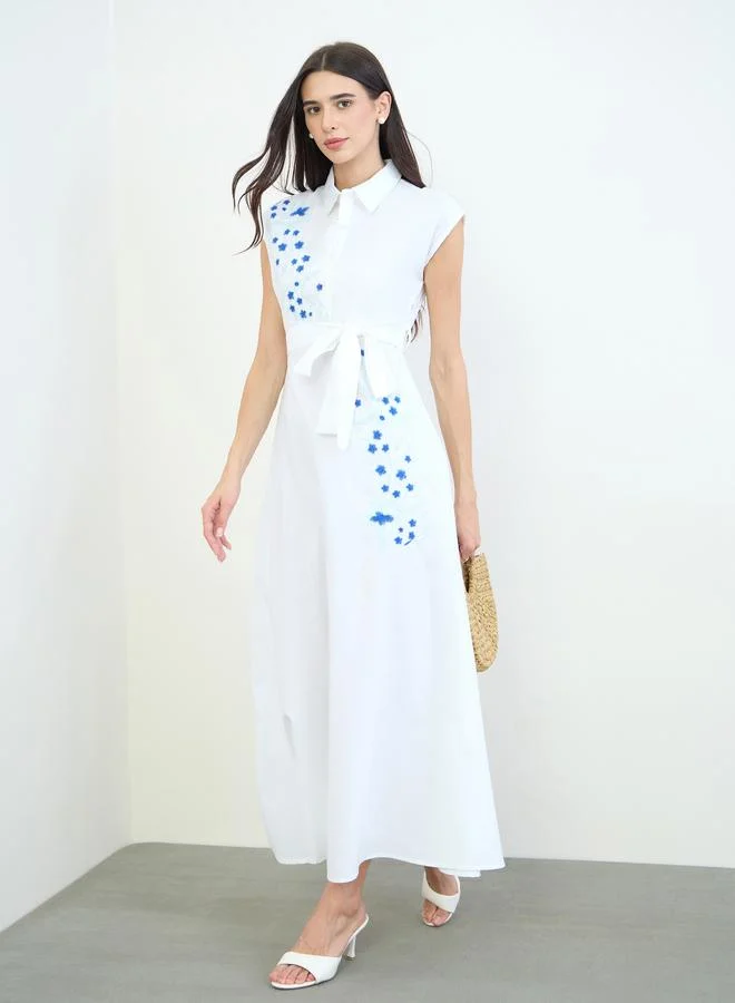 Styli White Embroidered Panel Cotton Shirt Maxi Dress