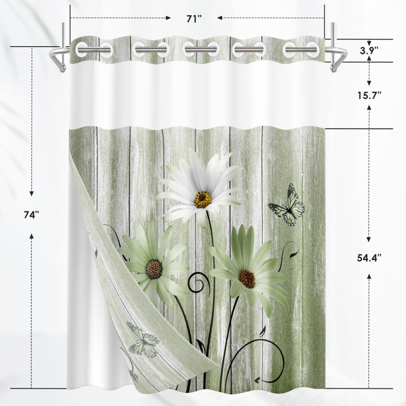 Nesphy No Hook Daisy and Butterfly Shower Curtain with Snap in Fabric Liner Set  Green Rustic Farmhouse Double Layers Waterproof Fabric with See Through Top Window Open Grommet Bath Curtain 71x74 Inch - Image 2