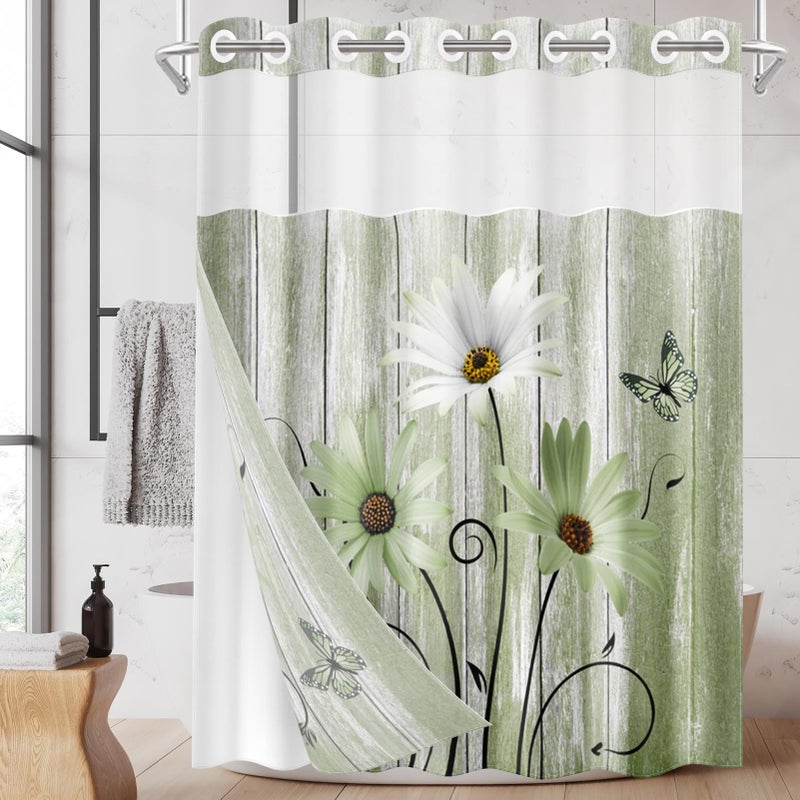 Nesphy No Hook Daisy and Butterfly Shower Curtain with Snap in Fabric Liner Set  Green Rustic Farmhouse Double Layers Waterproof Fabric with See Through Top Window Open Grommet Bath Curtain 71x74 Inch - Image 1
