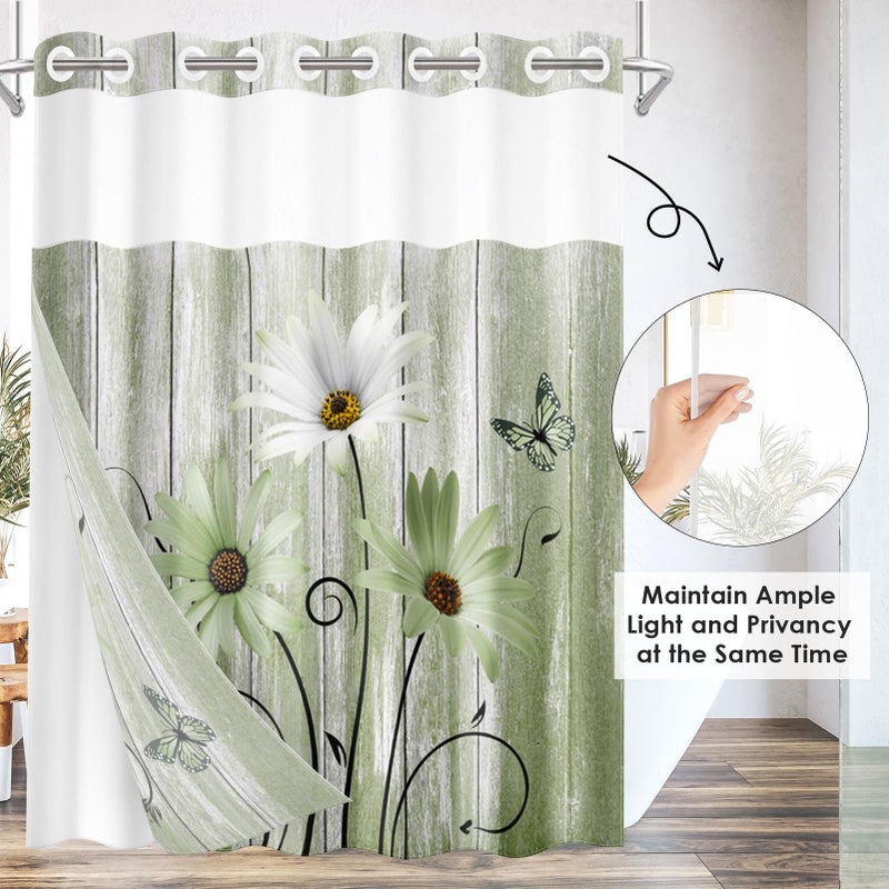 Nesphy No Hook Daisy and Butterfly Shower Curtain with Snap in Fabric Liner Set  Green Rustic Farmhouse Double Layers Waterproof Fabric with See Through Top Window Open Grommet Bath Curtain 71x74 Inch - Image 4