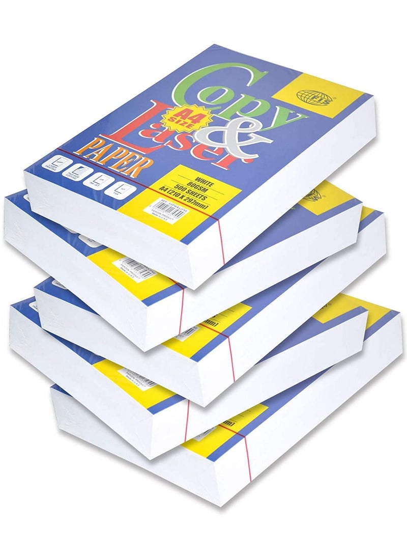 FIS FIS A4 Copy & Laser Photocopy Paper Ream ( 5 X 500 Sheets), A4 Size, 80 GSM, 5 Pocket, White Colour - FSPWA4JFNE-5PC  - Image 1