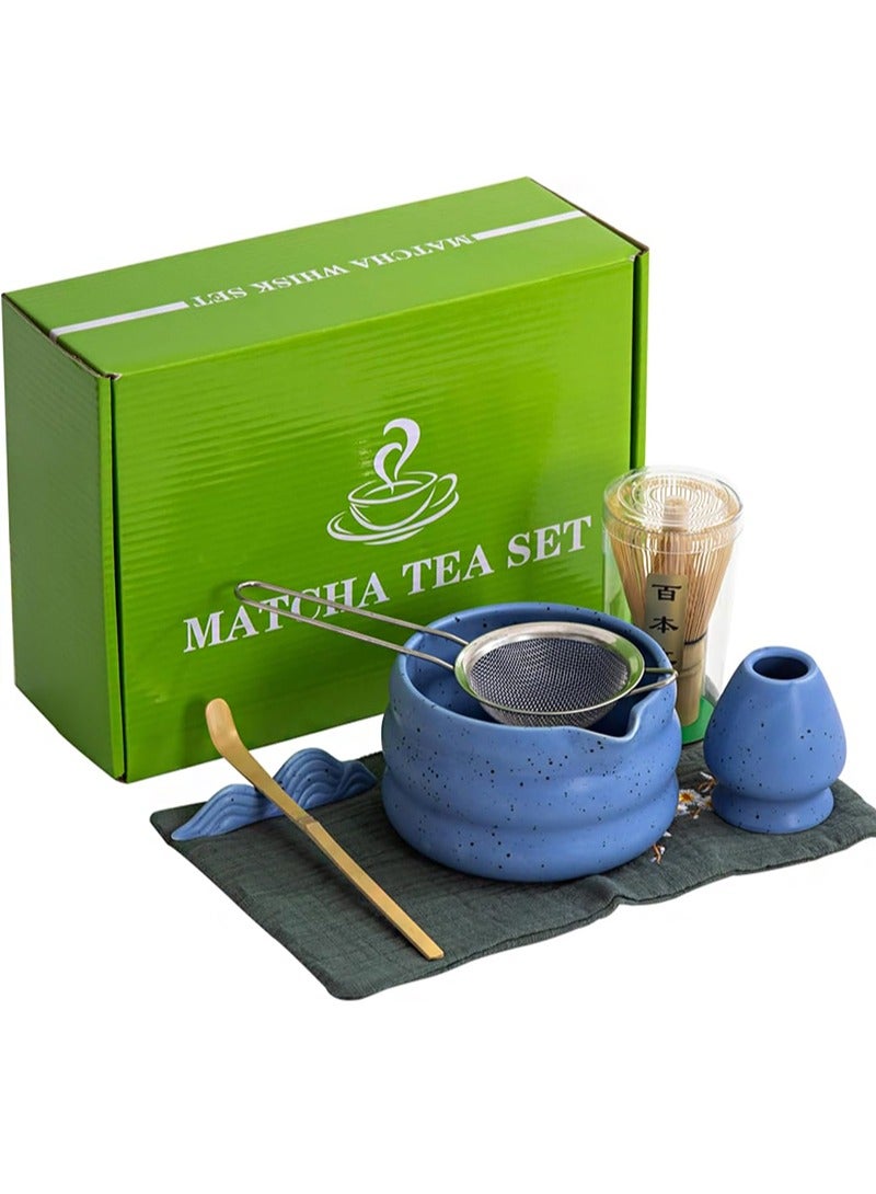Aikanbo 7Pcs Matcha Tea Set，Matcha Kit with Matcha Bowl (with Pouring Spout)，Matcha Whisk，Whisk Holder，Strainer - Elegant Matcha Set for Gifting and Personal Use，Gift Box Packaging (Blue) - Image 1