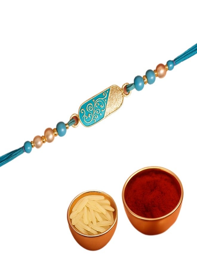 Sage Square Rakhi for Brother, Bhai with Roli Chawal | Raksha Bandhan | Designer Beads, Stones, Decorative Work | Stylish Handcrafted Rakhi Gifting for Sibling Festival Celebration (Type 23) - Image 1
