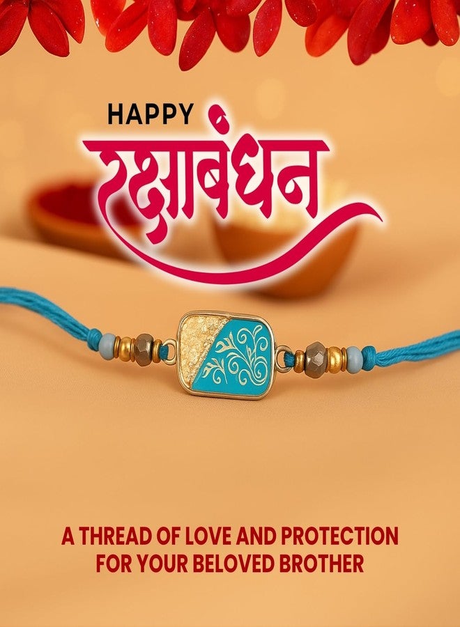 Sage Square Rakhi for Brother, Bhai with Roli Chawal | Raksha Bandhan | Designer Beads, Stones, Decorative Work | Stylish Handcrafted Rakhi Gifting for Sibling Festival Celebration (Type 23) - Image 5