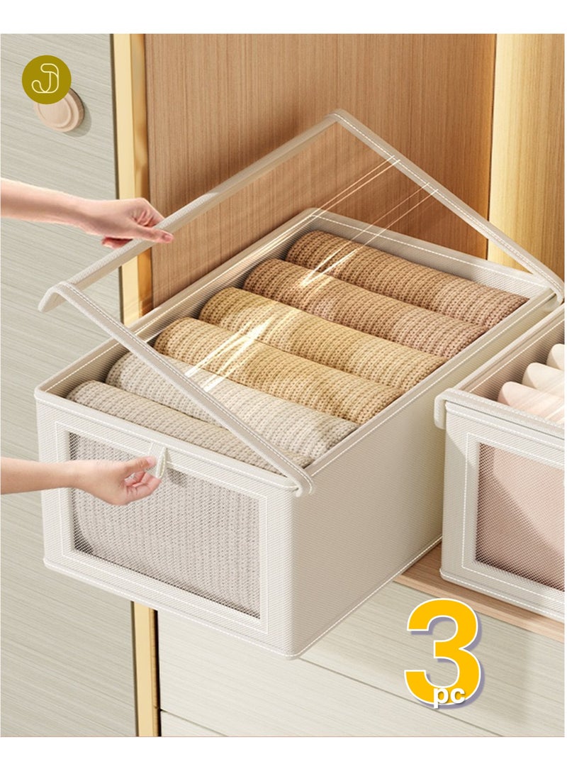 JOYYE 3pc Foldable Stackable Closet Storage Organizer with Clear Cover and Window, Washable Closet Storage Boxes with Pull-out Handles, Cube Storage Bin for Closet Wardrobe Home Bedroom Office - Image 1