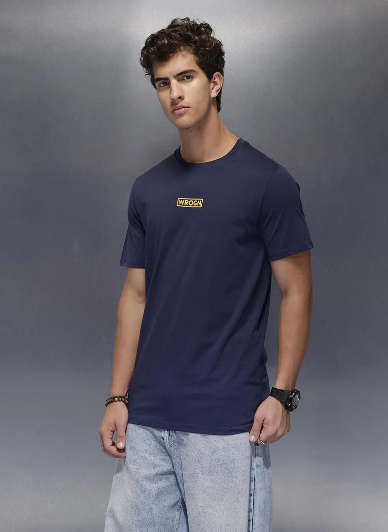 روجن Solid Placement Printed T-Shirt   |  Navy Blue