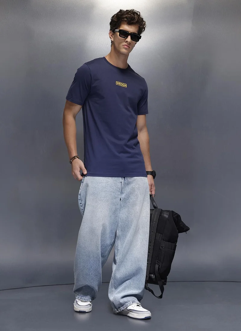 روجن Solid Placement Printed T-Shirt   |  Navy Blue