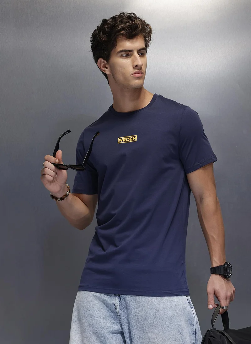 روجن Solid Placement Printed T-Shirt   |  Navy Blue