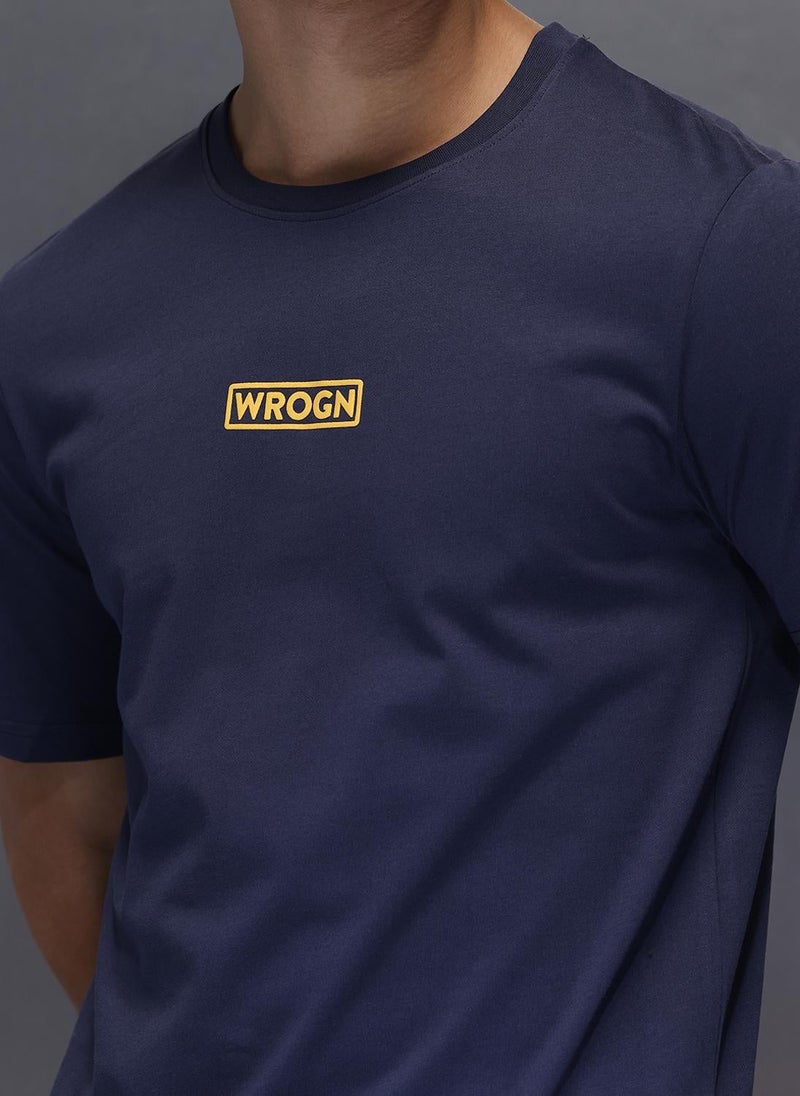Wrogn Solid Placement Printed T-Shirt   |  Navy Blue - Image 5