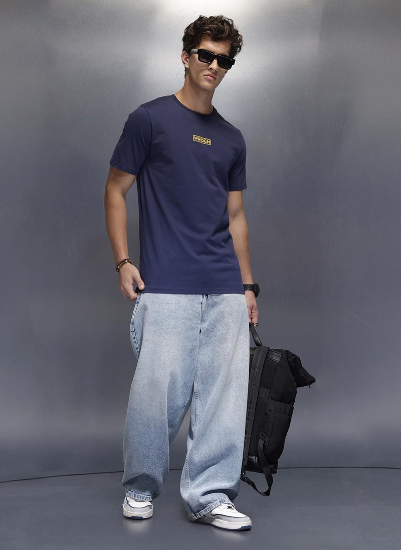 Wrogn Solid Placement Printed T-Shirt   |  Navy Blue - Image 2