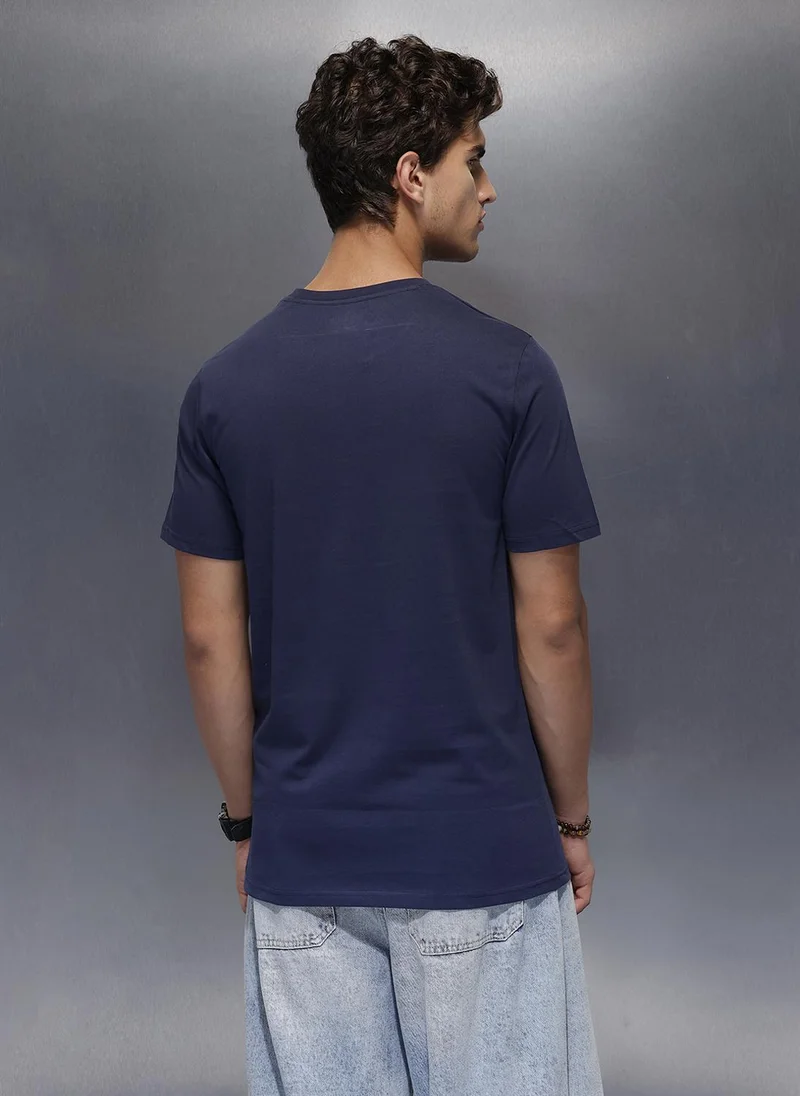 Wrogn  Solid Placement Printed T-Shirt   |  Navy Blue for Men | Best Price UAE