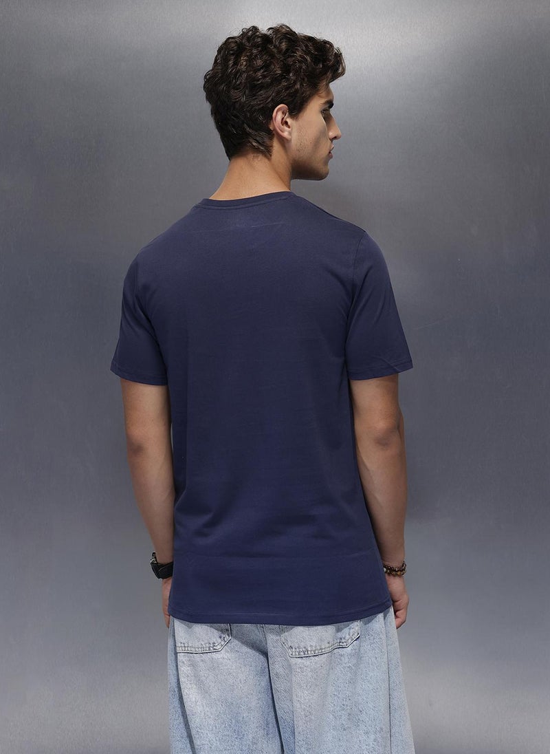 Wrogn Solid Placement Printed T-Shirt   |  Navy Blue - Image 3