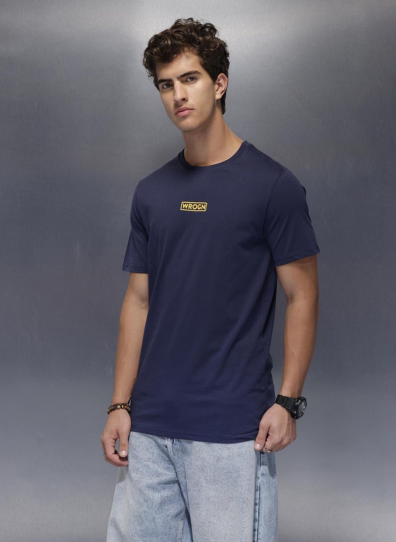 Wrogn Solid Placement Printed T-Shirt   |  Navy Blue - Image 4