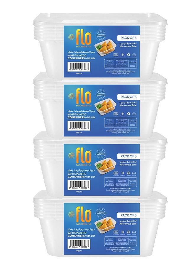 FLO Disposable Rectangle Microwave Food Containers with Lid, White Base, 1000ml Pack of 5x4 - Image 1