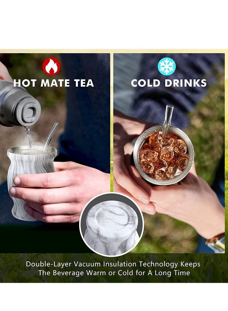 نيبمينينت كوب شاي يربا ماتي 12 أونصة رخامية القرع من الفولاذ المقاوم للصدأ مزدوجة الجدران سهلة الغسل عازل منزلي لشرب أوراق الشجر السائبة ميت ، يتضمن قش بومبيلا وفرشاة تنظيف - Image 3