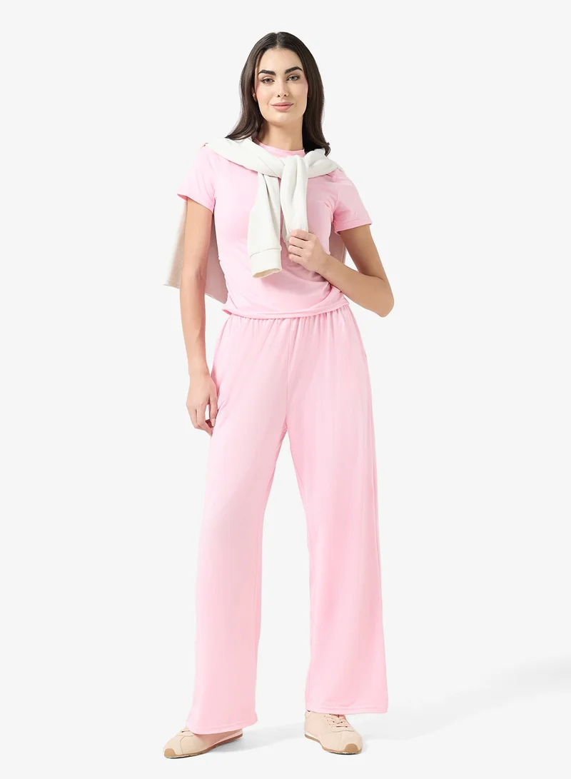 Ginger Basics Pink Soft Comfy Ruched Top & Straight Fit Pant Lounge Set for Women | Best Price UAE
